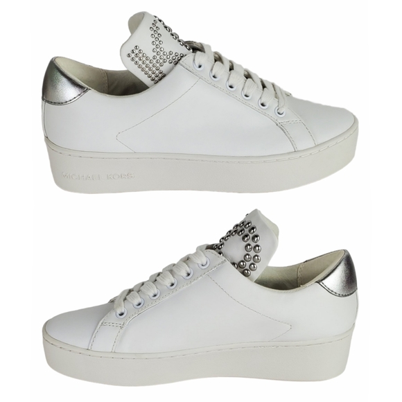 New Michael kors mindy leather lace up studded sneakers white silver